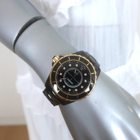 CHANEL Accessories - CHANEL J12 38MM WATCH BLACK CERAMIC AND 18K GOLD WITH DIAMONDS H2180